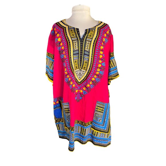 Mama and Papa Vintage Dashiki Shirt Cotton Fuchsia Patchwork Shirt with Pockets - Picture 1 of 10